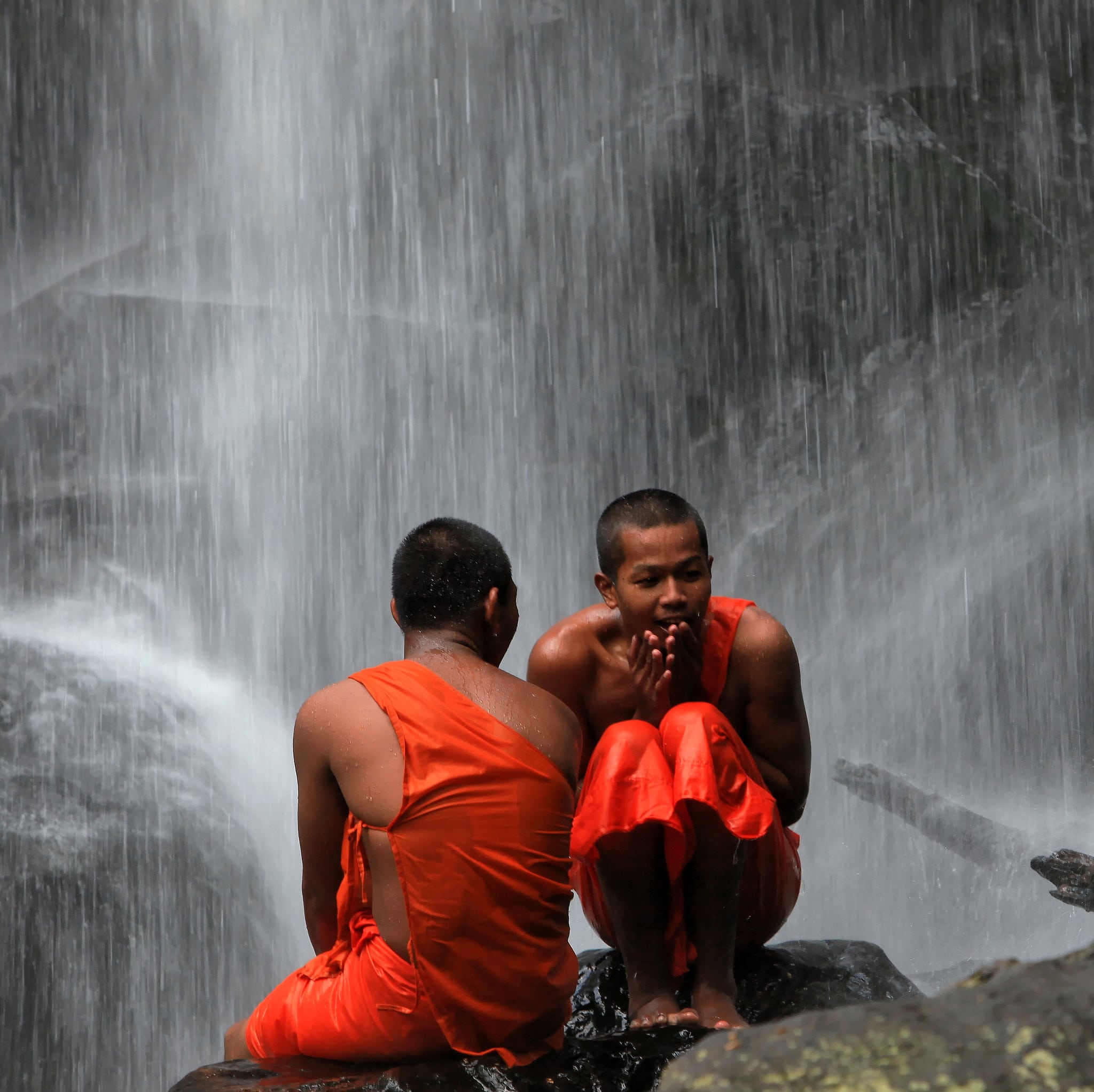 Monks at Phnom Kulen Waterfall